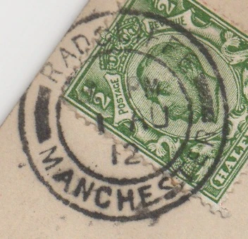 Postmark of Radcliffe Manchester double-ring handstamp with bars 1912